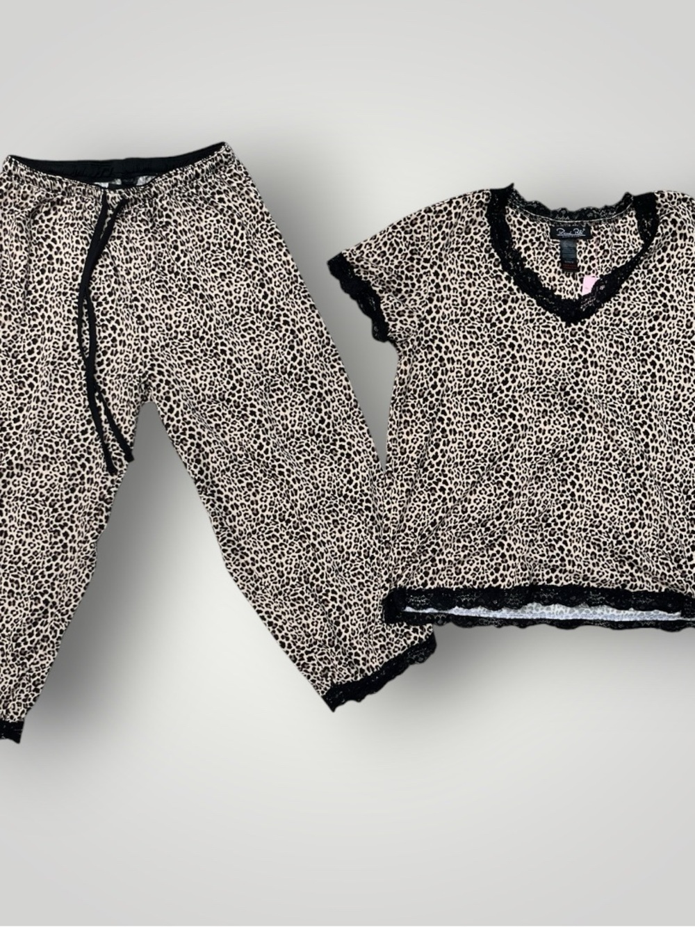 Leopard-Print Pajama Set with Black Lace Trim